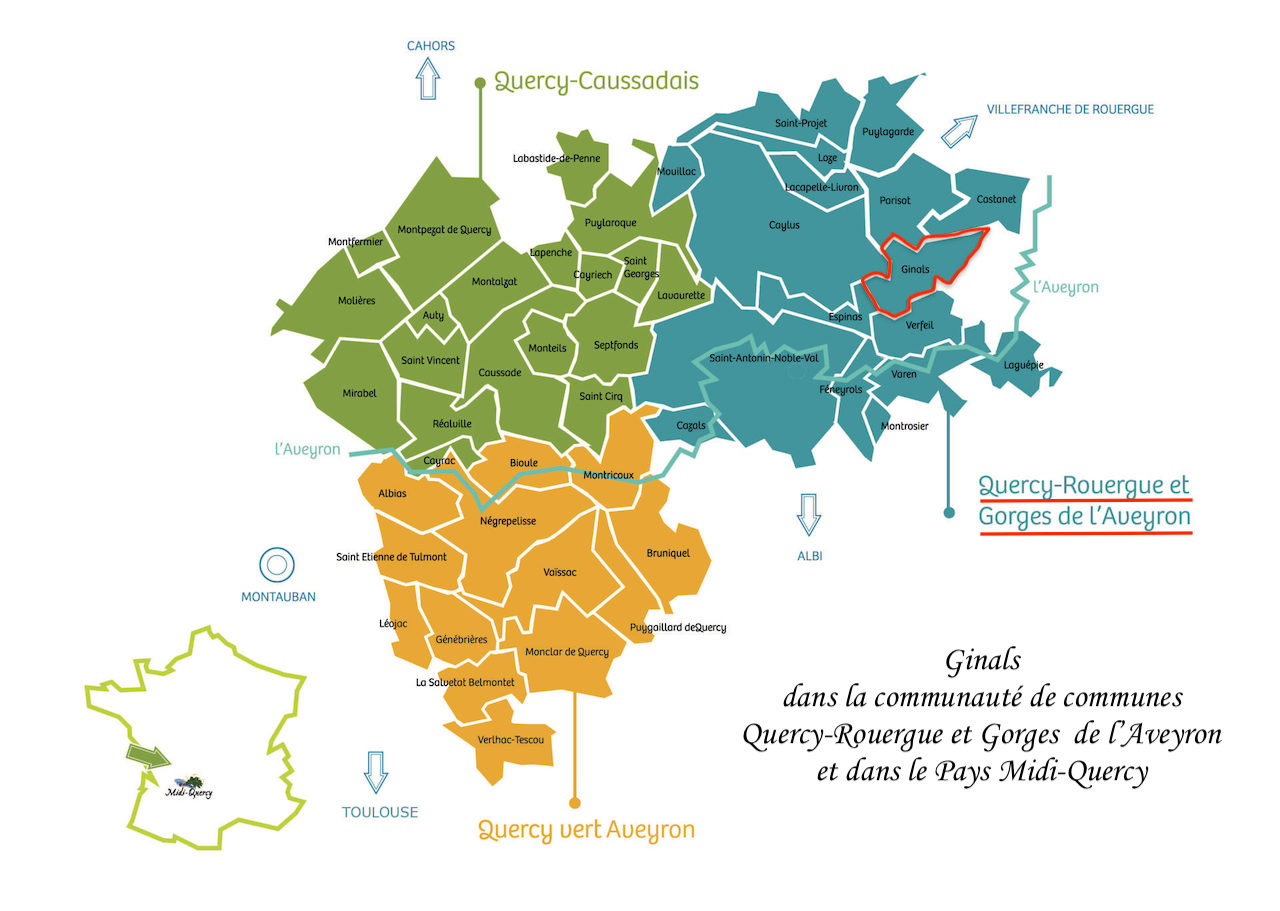 Ginals située sur le croquis de la QRGA et du Pays Midi-Quercy