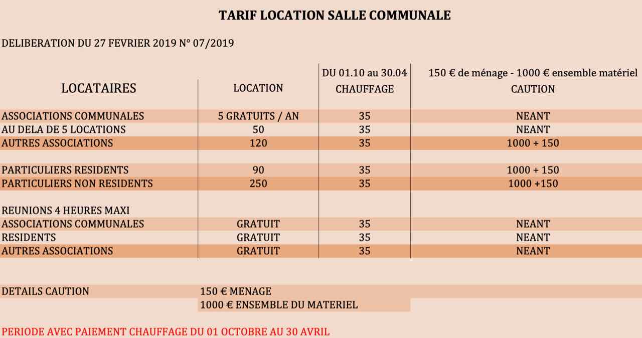 tableau tarifs de la salle communale de Ginals